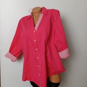 Lane Bryant Pink Polka Dot Button Up Shirt 3/4 Sleeve Striped Cuff Womens 20